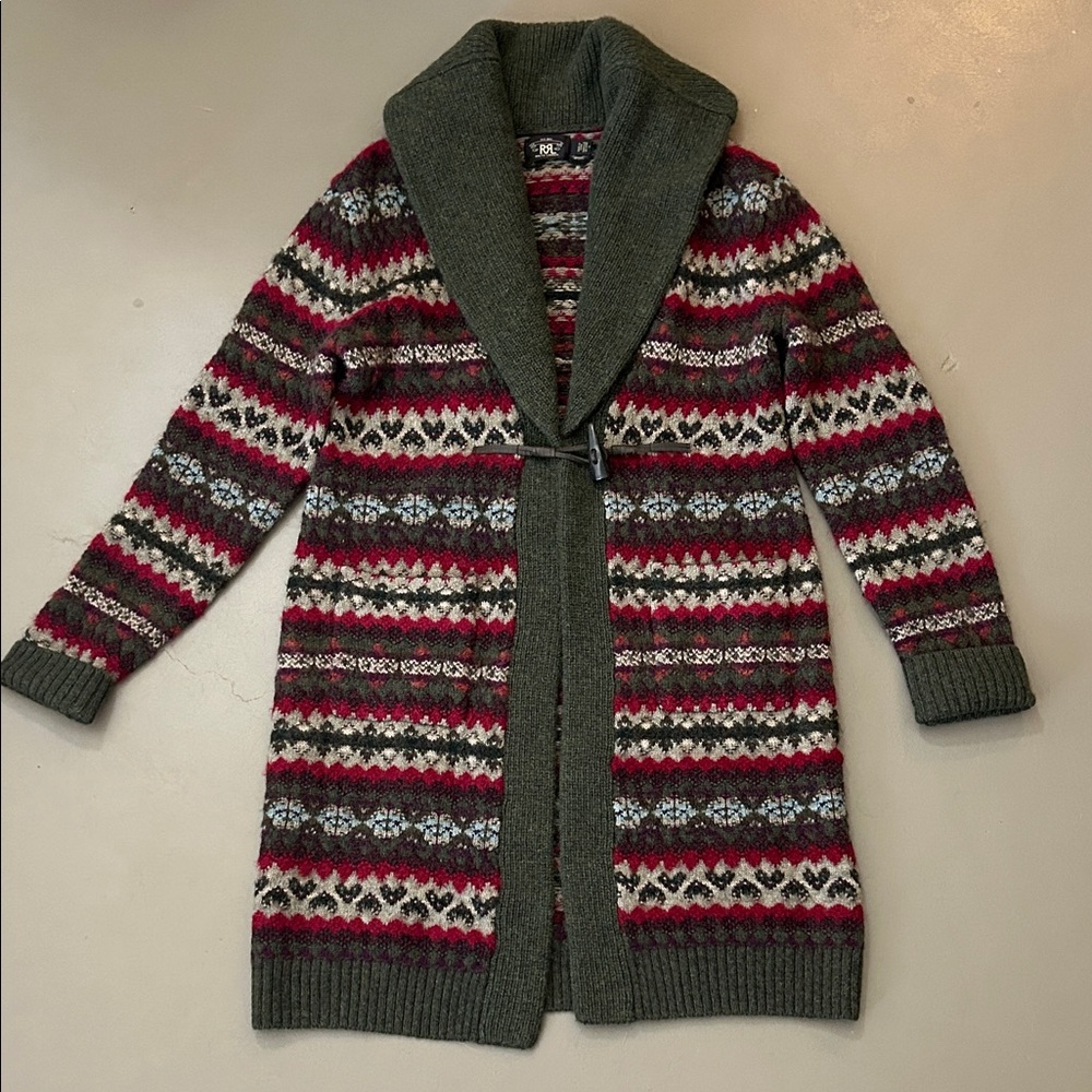 RRL women’s fair isle long cardigan sweater pockets 4 M L alpaca Ralph Lauren